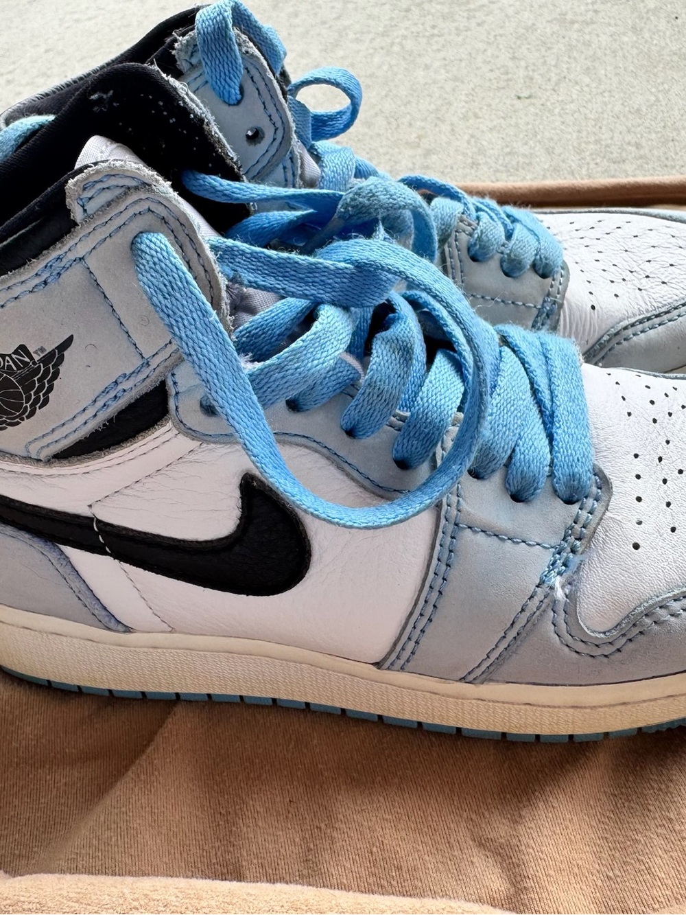 Nike Kids White and Light Blue High-Top Sneakers with Black Swoosh